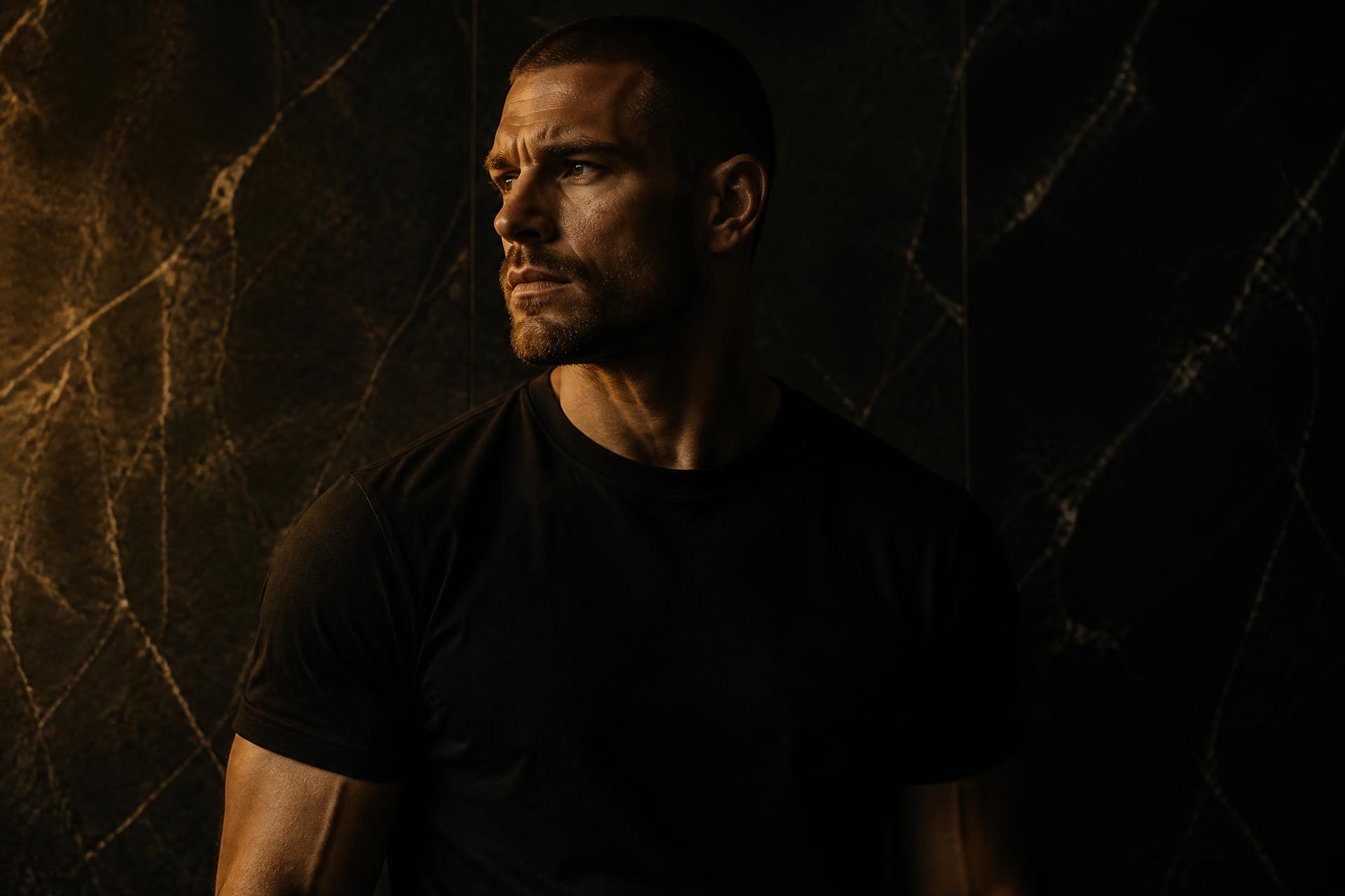 ARES — man in a heavyweight black tee lit by warm light against dark marble